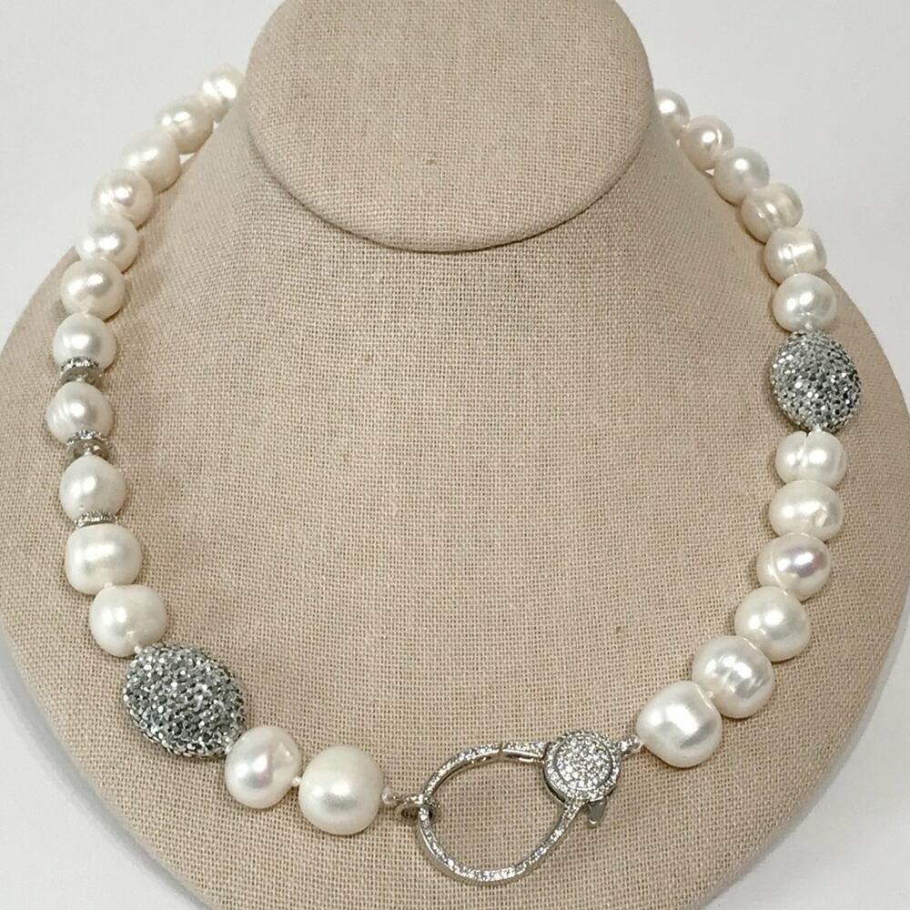 Real 14mm Pearl Necklace Large CZ Clasp Pave Crystal 21" Hand Knotted Chunky VTG - Picture 10 of 15